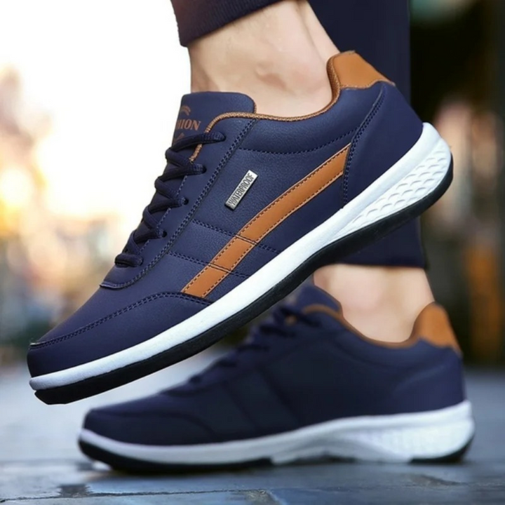 "Orthopedische heren sneakers van leer, luxe en stijlvol in blauw, voor dagelijks comfort en ondersteuning."