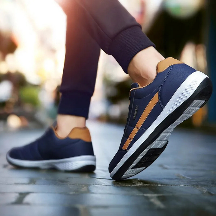 "Orthopedische heren sneakers van leer, luxe en stijlvol in blauw, voor dagelijks comfort en ondersteuning."