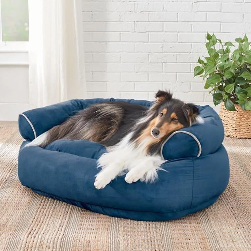 Orthopedische hondenbank met dikke vulling, grijze stof, verhoogde randen; biedt luxueus comfort en ondersteuning aan je hond