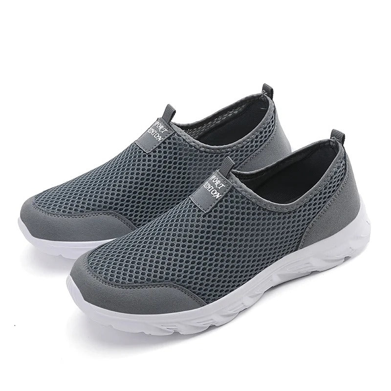 "Orthopedische sportschoenen voor heren, antislip rubberen zolen, blauw, grijs, zwart. Ultiem comfort en ondersteuning."