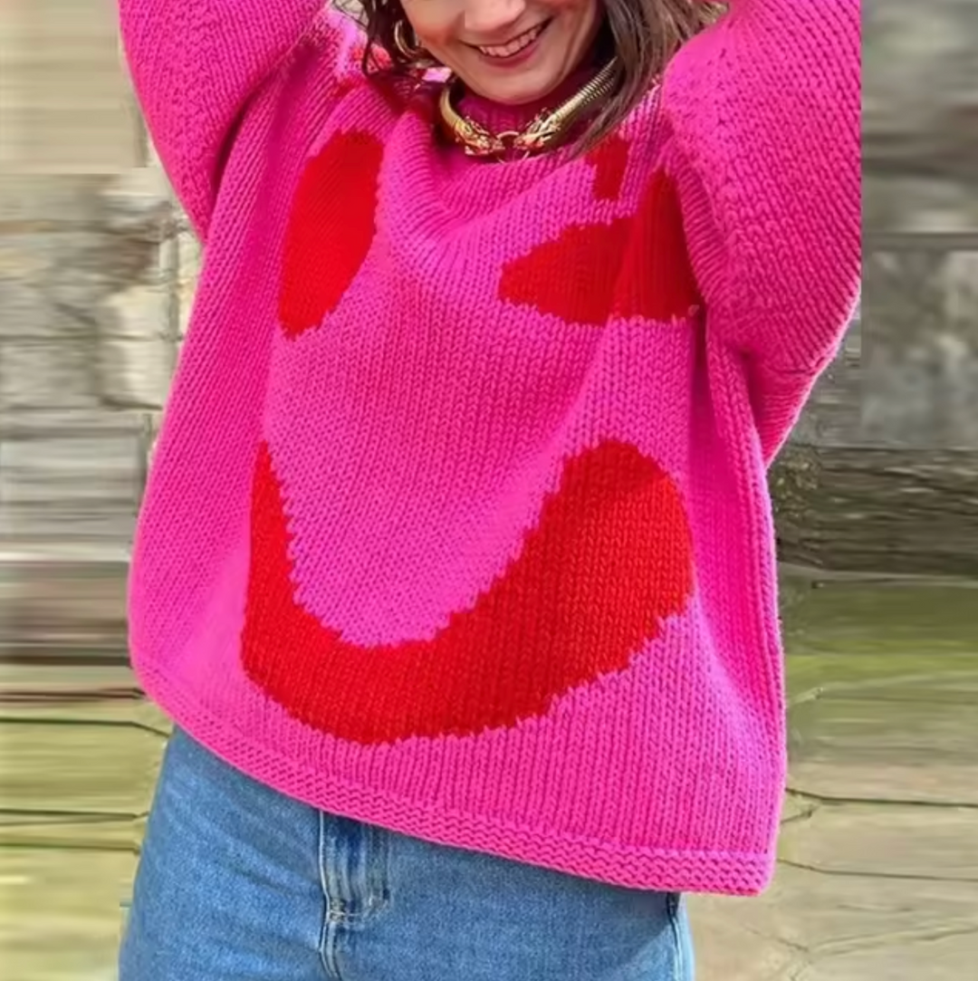 "Oversized boho trui met smile graphic, zacht katoen, trendy oversized pasvorm voor comfort en stijl, vrouwen sweater."