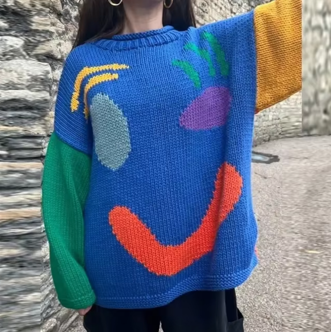"Oversized boho trui met smile graphic, zacht katoen, trendy oversized pasvorm voor comfort en stijl, vrouwen sweater."