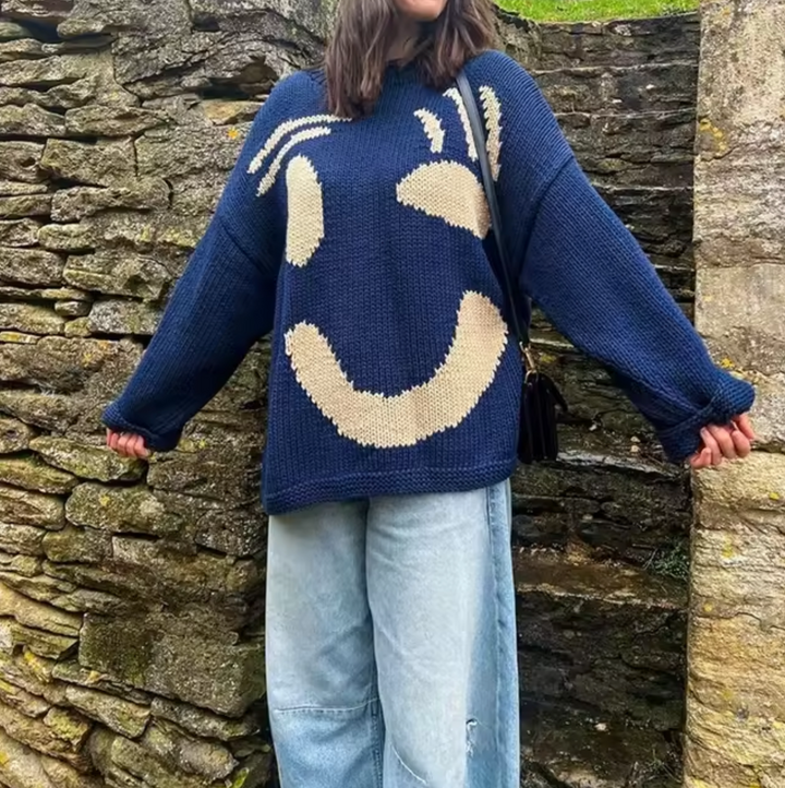 "Oversized boho trui met smile graphic, zacht katoen, trendy oversized pasvorm voor comfort en stijl, vrouwen sweater."