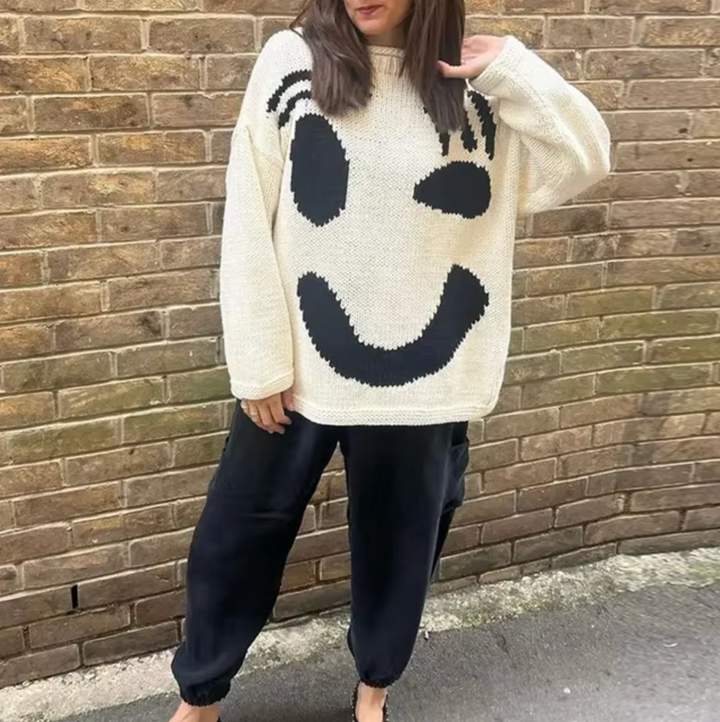 "Oversized boho trui met smile graphic, zacht katoen, trendy oversized pasvorm voor comfort en stijl, vrouwen sweater."