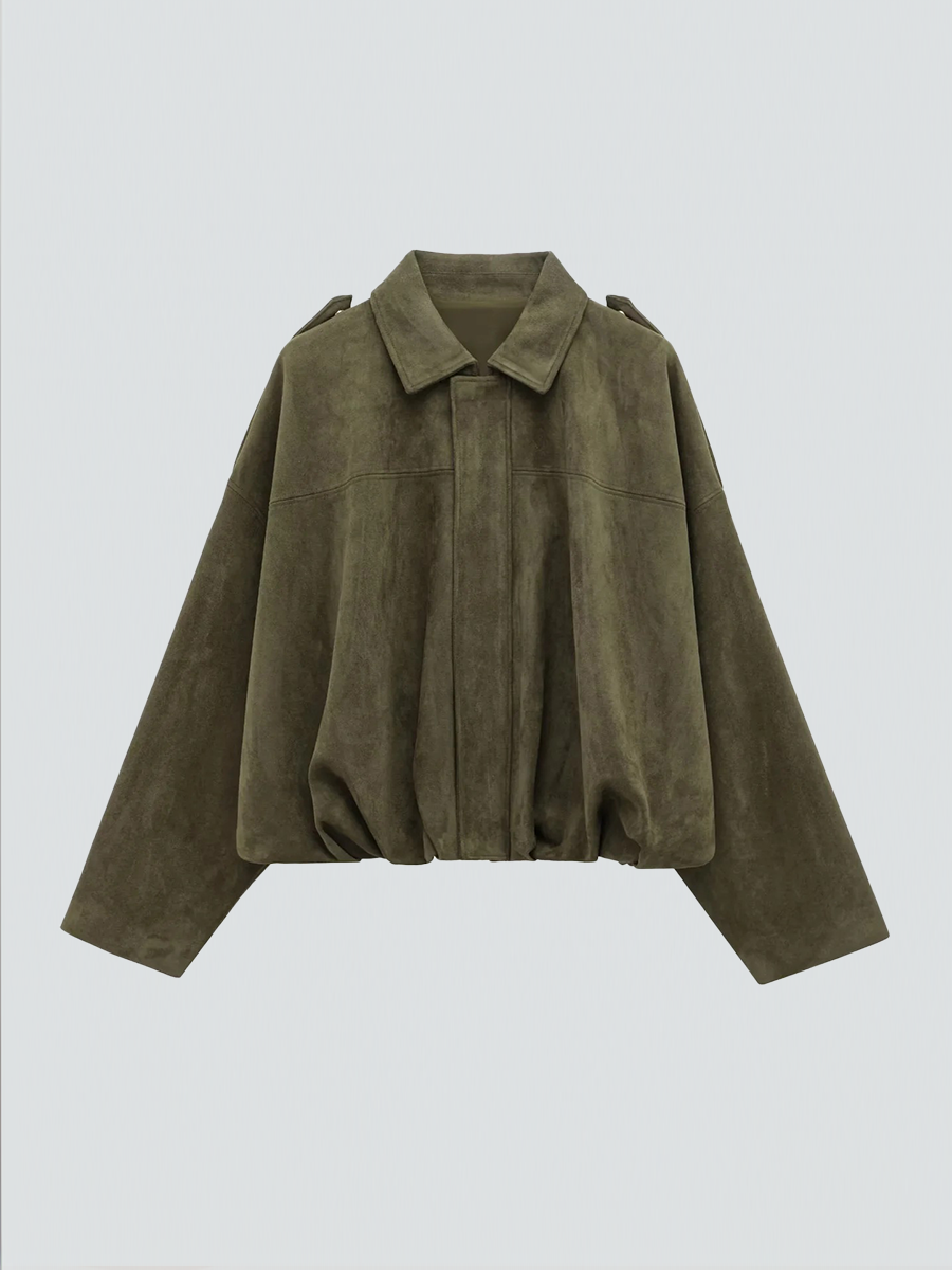 "Oversized suède damesjack met gestructureerde schouders, luxe uitstraling, vintage stijl en moderne elegantie, ideaal voor k