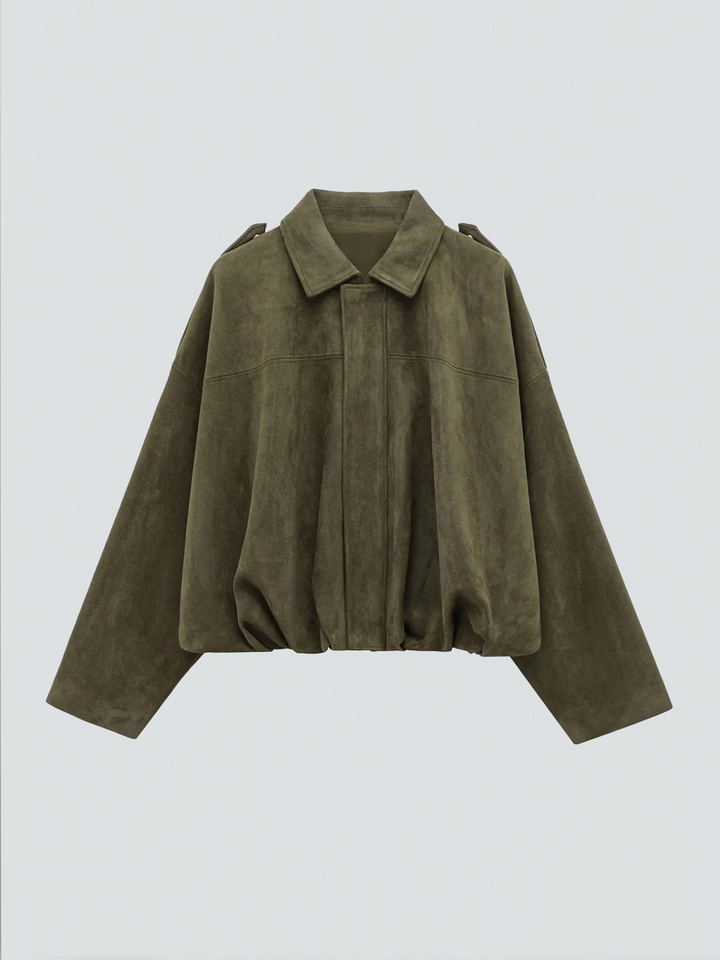 "Oversized suède damesjack met gestructureerde schouders, luxe uitstraling, vintage stijl en moderne elegantie, ideaal voor k