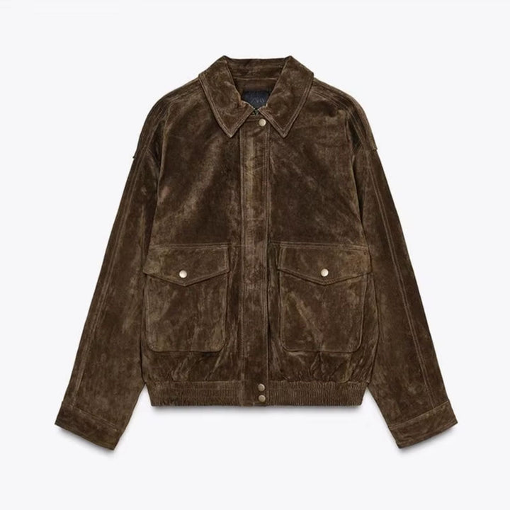 "Oversized suède damesjack met gestructureerde schouders, luxe uitstraling, vintage stijl en moderne elegantie, ideaal voor k