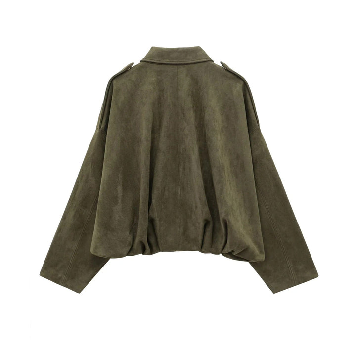 "Oversized suède damesjack met gestructureerde schouders, luxe uitstraling, vintage stijl en moderne elegantie, ideaal voor k