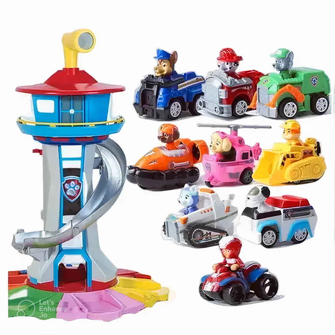 "Paw Patrol avonturentoren met kleurrijke auto's en baan, duurzaam kinderspeelgoed voor fantasierijk spelplezier."