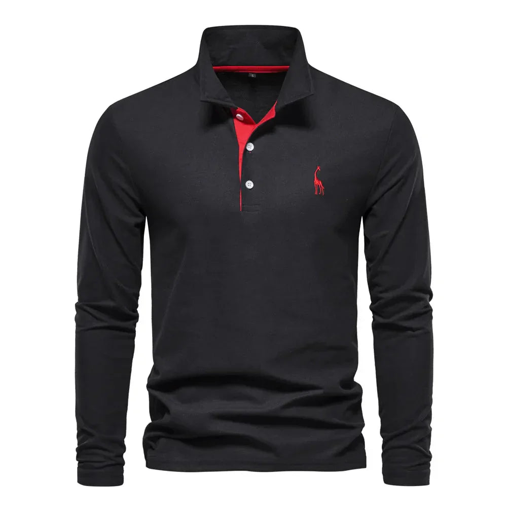 "Polo met lange mouwen voor heren, elegant borduursel, klassieke kraag, veelzijdig en comfortabel in marineblauw."