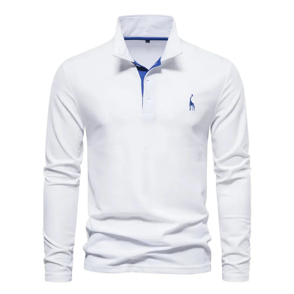 "Polo met lange mouwen voor heren, elegant borduursel, klassieke kraag, veelzijdig en comfortabel in marineblauw."