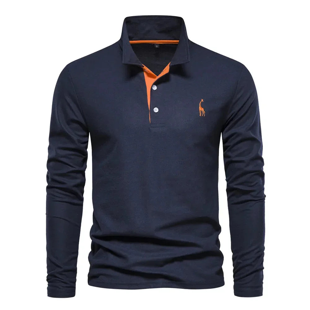 "Polo met lange mouwen voor heren, elegant borduursel, klassieke kraag, veelzijdig en comfortabel in marineblauw."