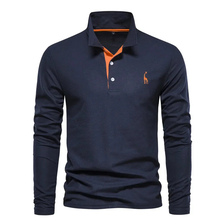 "Polo met lange mouwen voor heren, elegant borduursel, klassieke kraag, veelzijdig en comfortabel in marineblauw."
