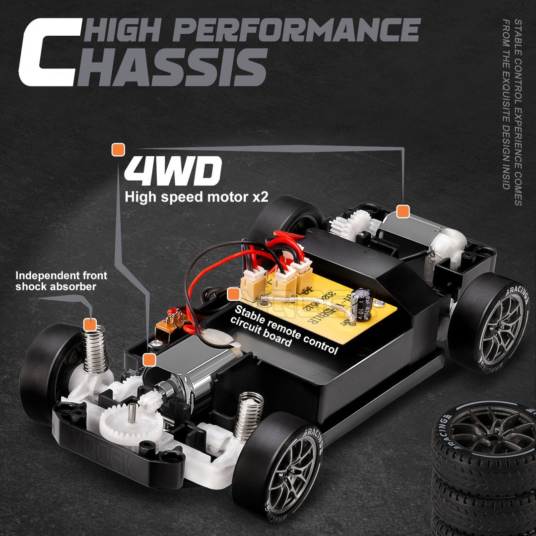 RC Drift Auto 1:24 met 4WD, robuuste bouw en verlichte wielen. Ideaal voor spannende race-ervaringen binnen en buiten.