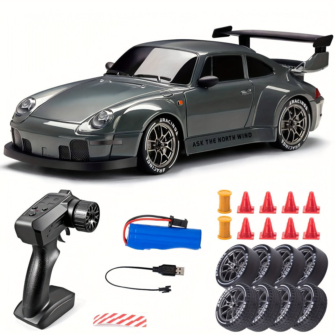 RC Drift Auto 1:24 met 4WD, robuuste bouw en verlichte wielen. Ideaal voor spannende race-ervaringen binnen en buiten.