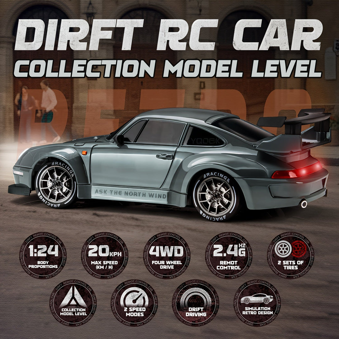 RC Drift Auto 1:24 met 4WD, robuuste bouw en verlichte wielen. Ideaal voor spannende race-ervaringen binnen en buiten.
