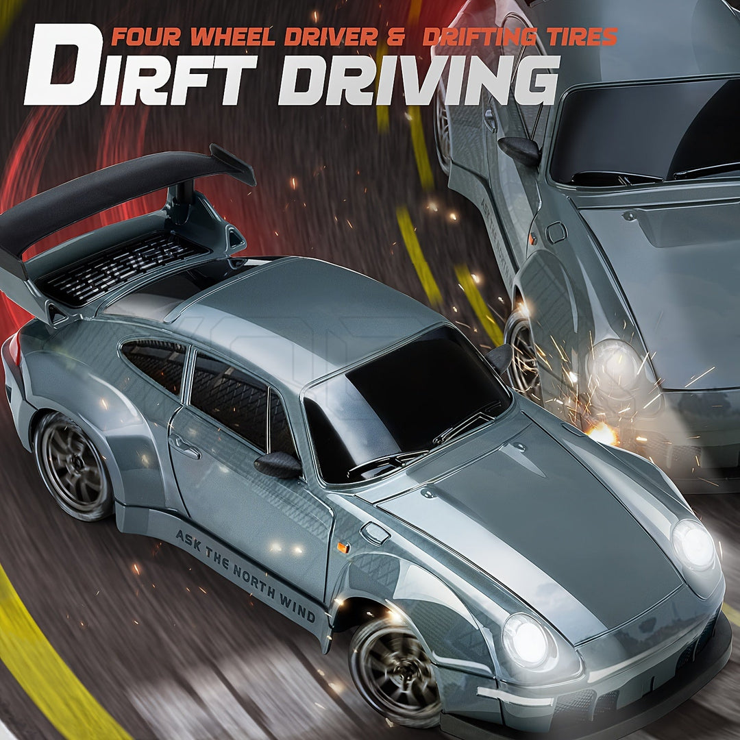 RC Drift Auto 1:24 met 4WD, robuuste bouw en verlichte wielen. Ideaal voor spannende race-ervaringen binnen en buiten.
