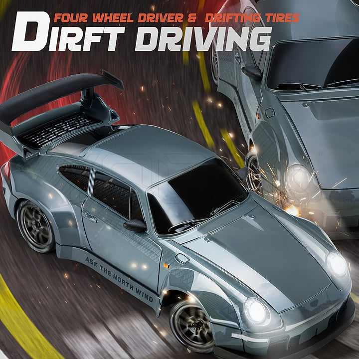 RC Drift Auto 1:24 met 4WD, robuuste bouw en verlichte wielen. Ideaal voor spannende race-ervaringen binnen en buiten.