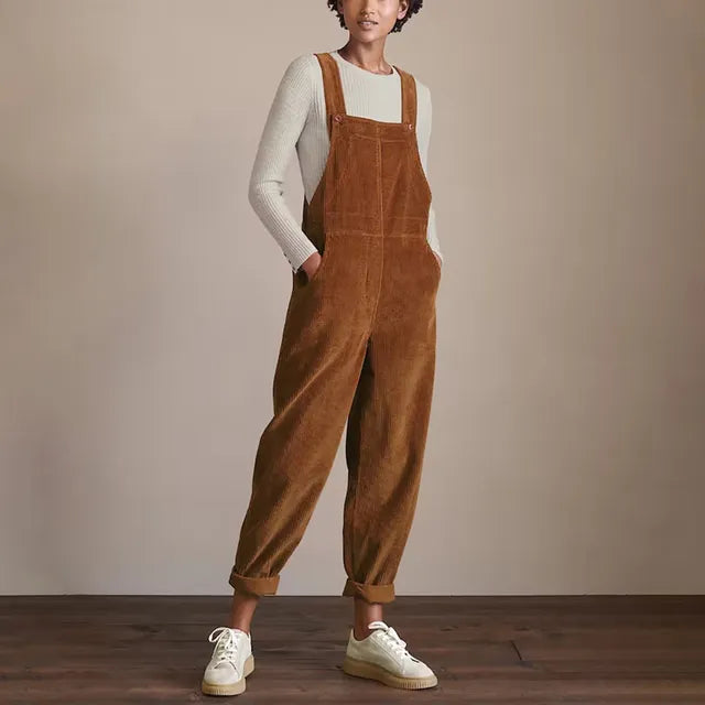 "Retro corduroy jumpsuit dames, verstelbare bandjes, wijde pijpen, casual en chique, comfortabele pasvorm, flatterend silhoue