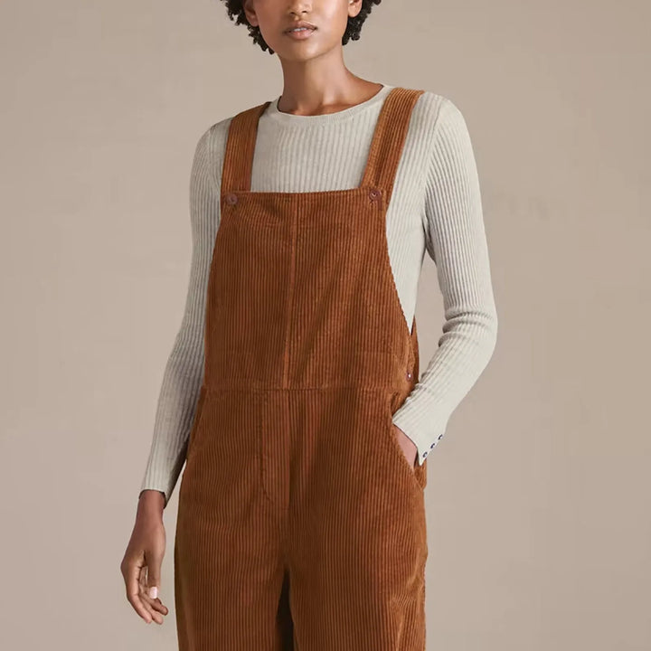 "Retro corduroy jumpsuit dames, verstelbare bandjes, wijde pijpen, casual en chique, comfortabele pasvorm, flatterend silhoue