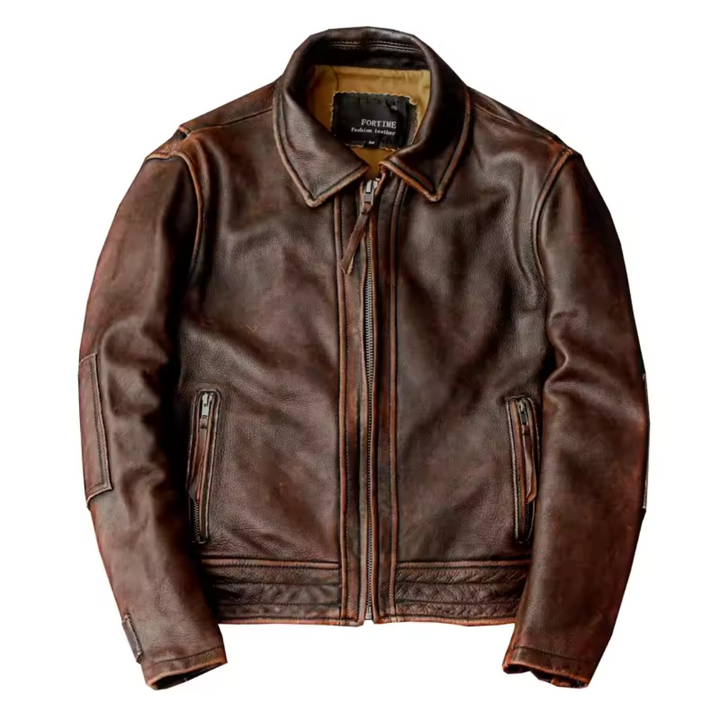 "Retro leren herenjas, echt koeienleer, vintage stijl, bruin, slim fit, omvouwkraag, tijdloos en duurzaam ontwerp."