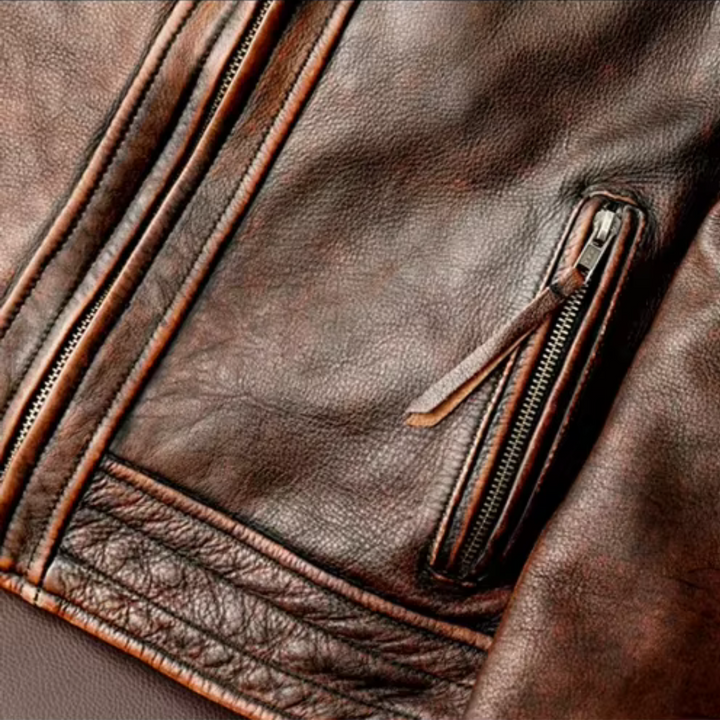 "Retro leren herenjas, echt koeienleer, vintage stijl, bruin, slim fit, omvouwkraag, tijdloos en duurzaam ontwerp."