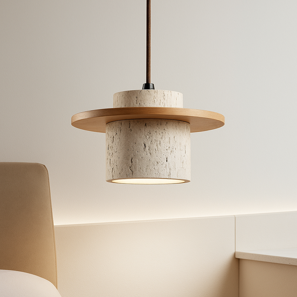 "Retro plafondlamp van travertin en hout met verstelbare kabel tot 170 cm, geschikt voor LED-verlichting."
