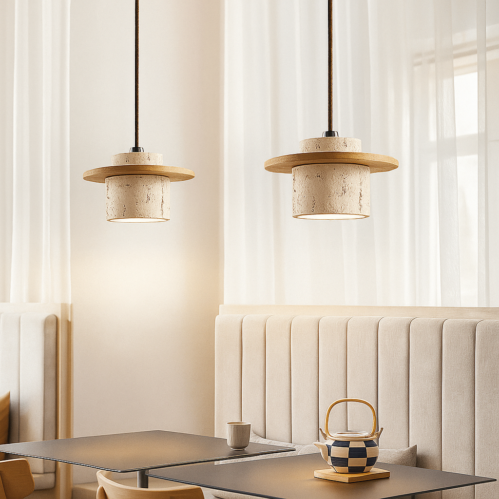 "Retro plafondlamp van travertin en hout met verstelbare kabel tot 170 cm, geschikt voor LED-verlichting."