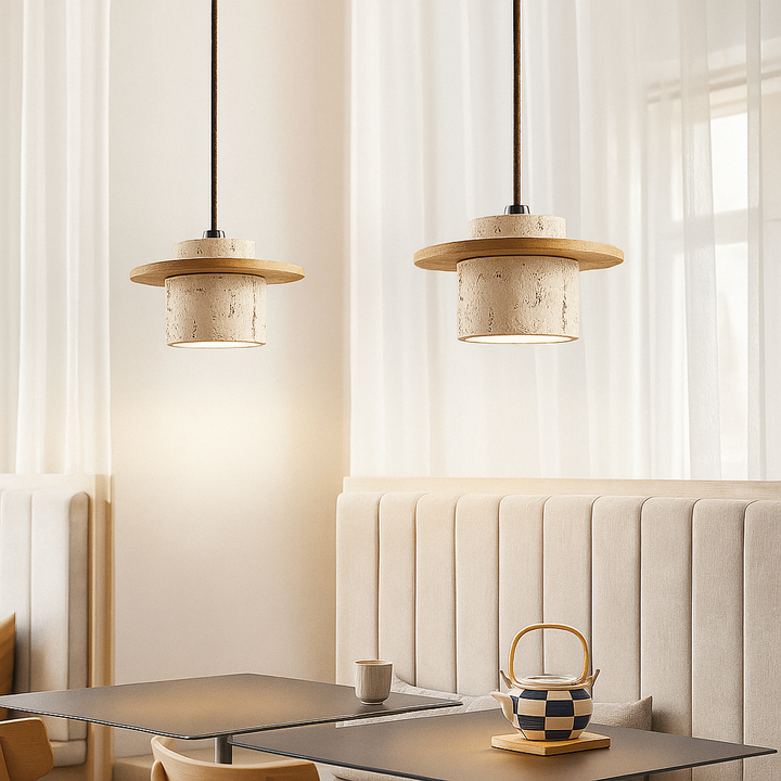 "Retro plafondlamp van travertin en hout met verstelbare kabel tot 170 cm, geschikt voor LED-verlichting."