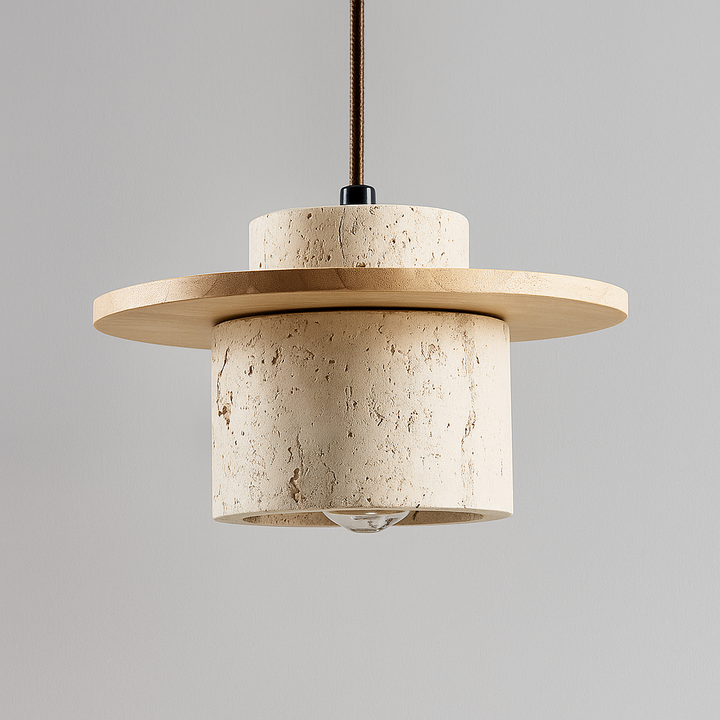 "Retro plafondlamp van travertin en hout met verstelbare kabel tot 170 cm, geschikt voor LED-verlichting."