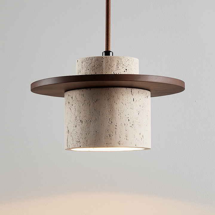 "Retro plafondlamp van travertin en hout met verstelbare kabel tot 170 cm, geschikt voor LED-verlichting."
