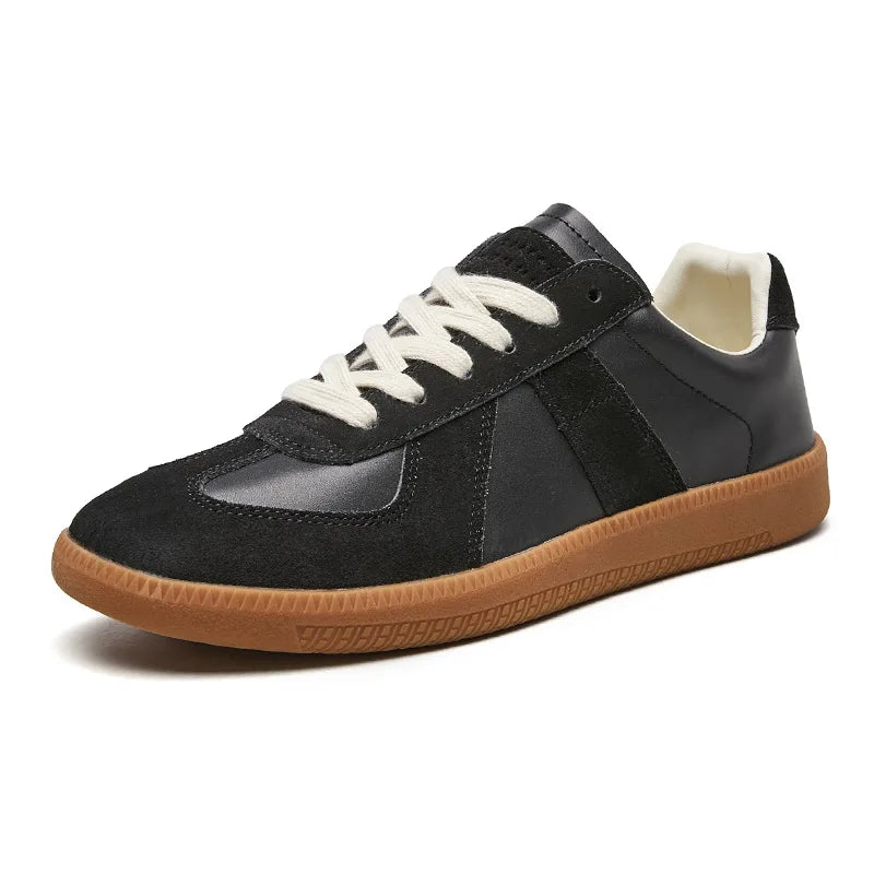 "Retro sneakers heren, plateauzool, vintage look, hoogwaardig leer en suède, ademend inlegzool, stijlvolle uitstraling."