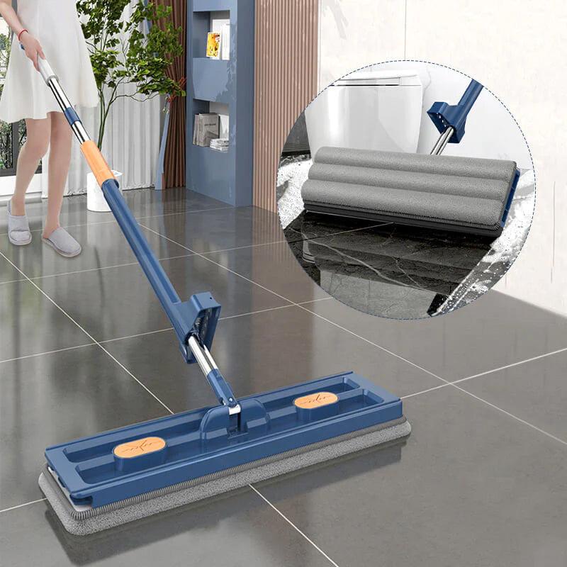 "Revolutionaire mop met 360° rotatie, geïntegreerde schraper en RVS steel voor efficiënte schoonmaak van houten en tegelvloer