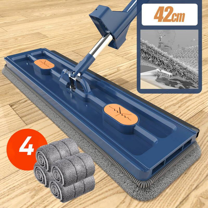 "Revolutionaire mop met 360° rotatie, geïntegreerde schraper en RVS steel voor efficiënte schoonmaak van houten en tegelvloer
