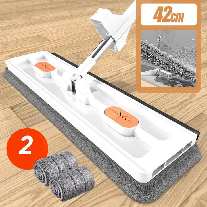 "Revolutionaire mop met 360° rotatie, geïntegreerde schraper en RVS steel voor efficiënte schoonmaak van houten en tegelvloer