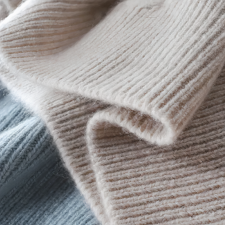 "Romige kasjmier coltrui Talia met elegant kabelpatroon; biedt ultiem comfort en stijl in zachte beige tinten."