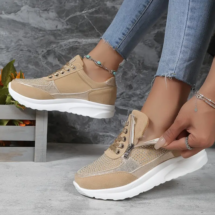 "Roze ergonomische damessneakers met ademende stof en verstelbare pasvorm, ideaal voor de lente."