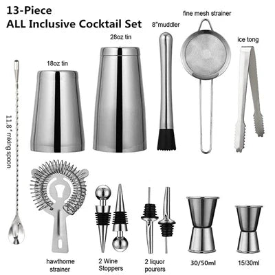 "RVS cocktailshaker set, 8-delig, met barlepel, muddler, en jigger; ideaal voor professionele en thuisbar gebruik."