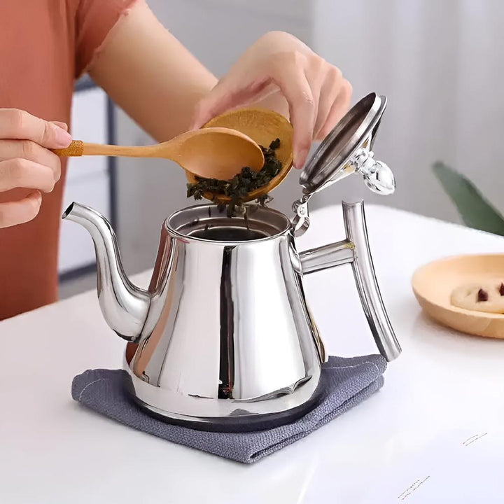 "RVS waterkoker met ingebouwd filter en ergonomisch handvat, zilver, modern design, geschiktheid diverse warmtebronnen"