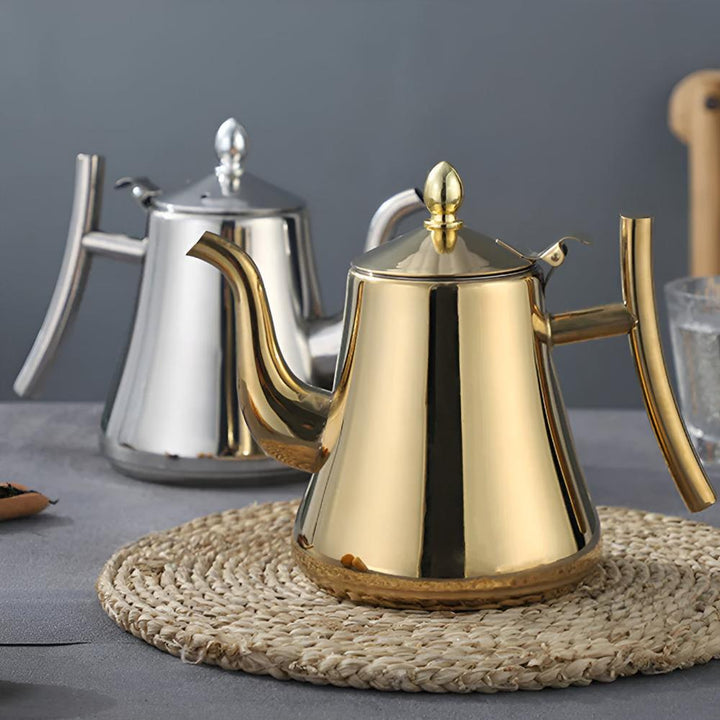 "RVS waterkoker met ingebouwd filter en ergonomisch handvat, zilver, modern design, geschiktheid diverse warmtebronnen"
