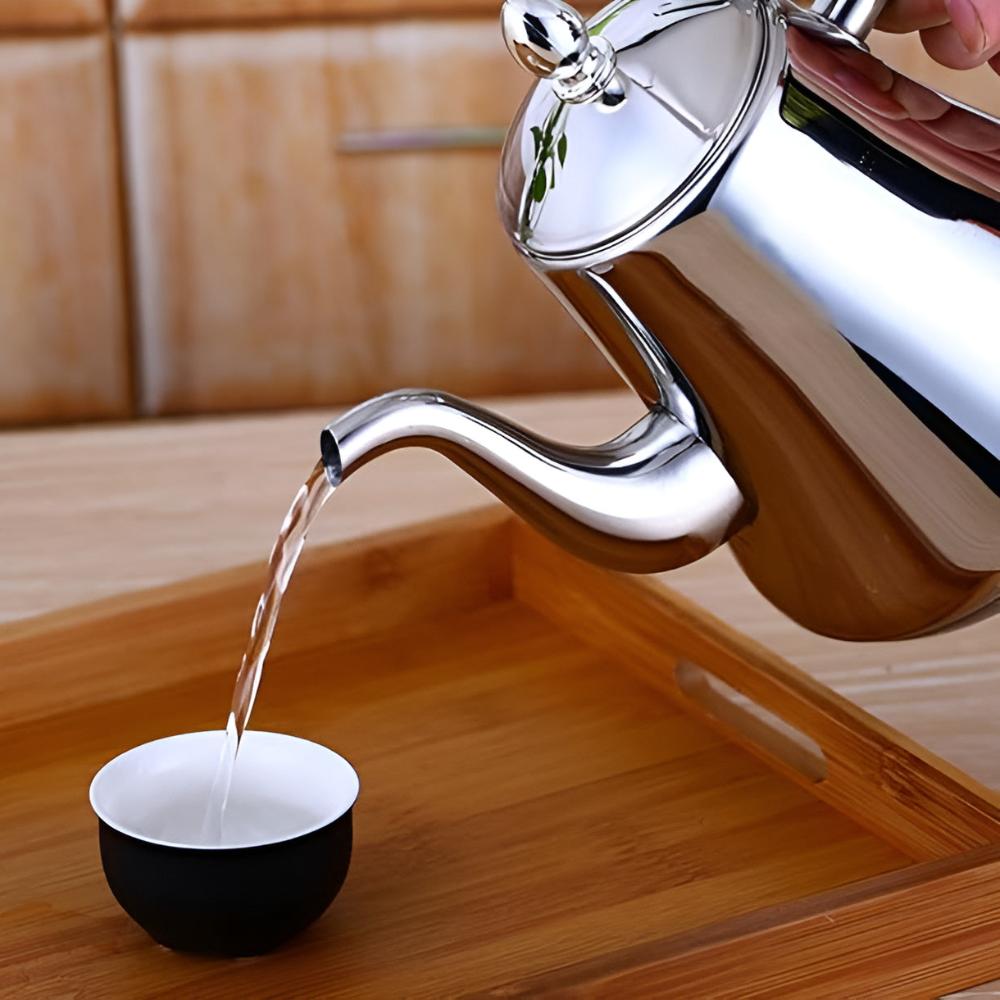 "RVS waterkoker met ingebouwd filter en ergonomisch handvat, zilver, modern design, geschiktheid diverse warmtebronnen"