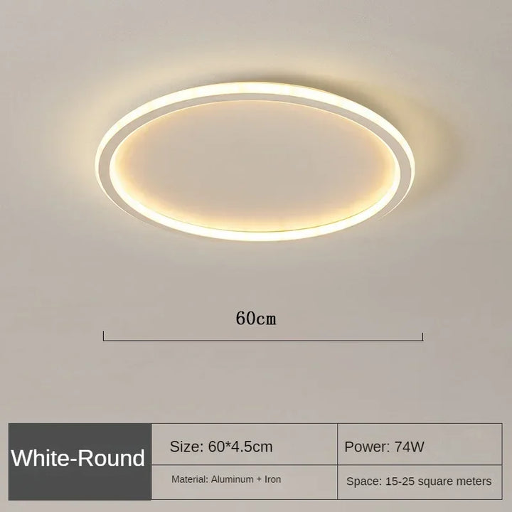 "Scandinavische ronde LED plafondlamp met minimalistisch ontwerp, metalen behuizing, glazen kap, past in modern interieur."