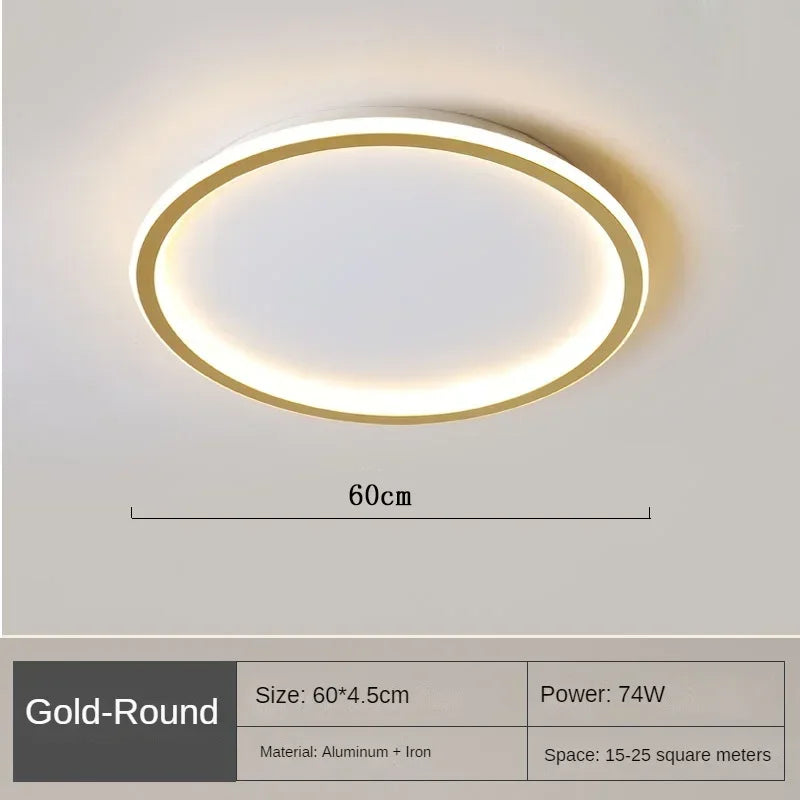 "Scandinavische ronde LED plafondlamp met minimalistisch ontwerp, metalen behuizing, glazen kap, past in modern interieur."