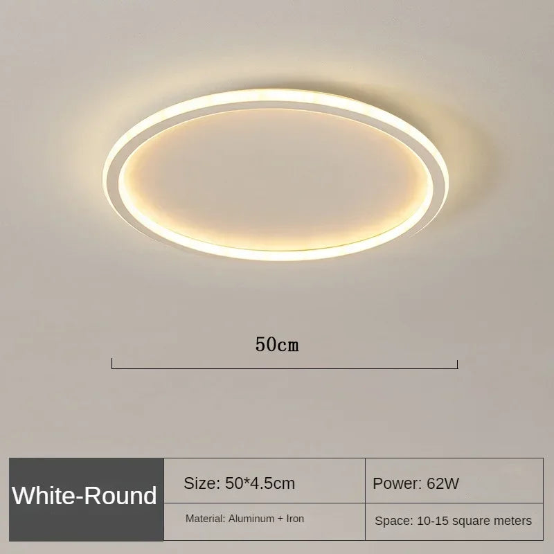 "Scandinavische ronde LED plafondlamp met minimalistisch ontwerp, metalen behuizing, glazen kap, past in modern interieur."