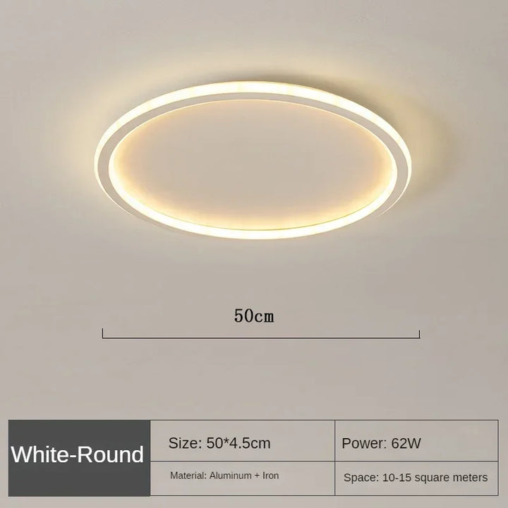 "Scandinavische ronde LED plafondlamp met minimalistisch ontwerp, metalen behuizing, glazen kap, past in modern interieur."
