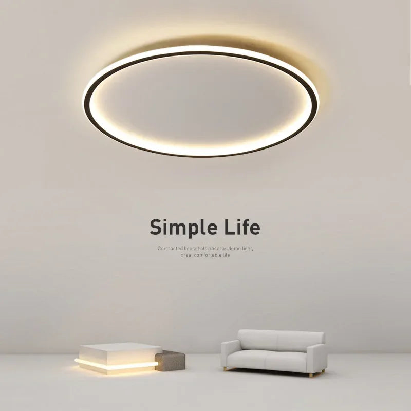 "Scandinavische ronde LED plafondlamp met minimalistisch ontwerp, metalen behuizing, glazen kap, past in modern interieur."