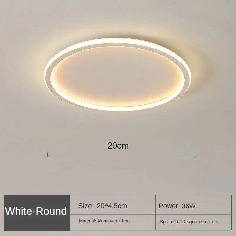 "Scandinavische ronde LED plafondlamp met minimalistisch ontwerp, metalen behuizing, glazen kap, past in modern interieur."
