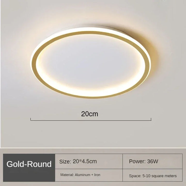 "Scandinavische ronde LED plafondlamp met minimalistisch ontwerp, metalen behuizing, glazen kap, past in modern interieur."