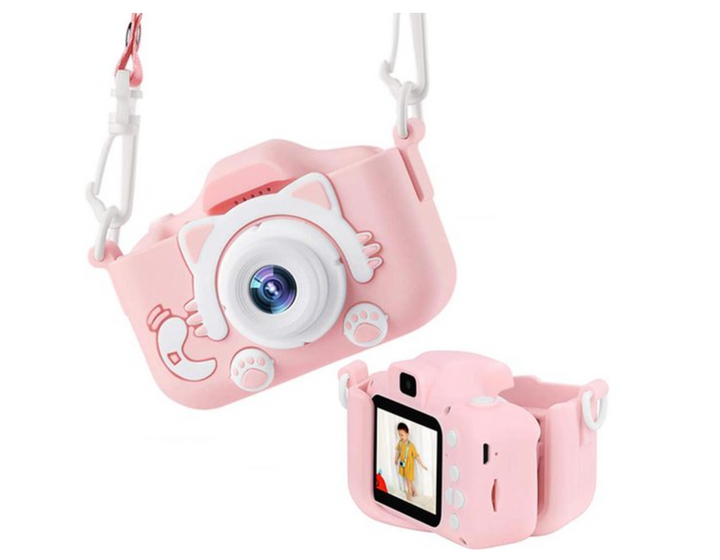 "Schattige blauwe HD mini camera voor kinderen, schokbestendig, 20 MP, en 1080p video-opname, met stevig ontwerp."
