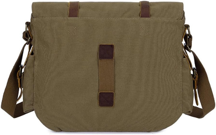 "Schoudertas Heren Canvas met Laptop Vakken, robuust en stijlvol, militaire uitstraling, geschikt voor dagelijks gebruik."